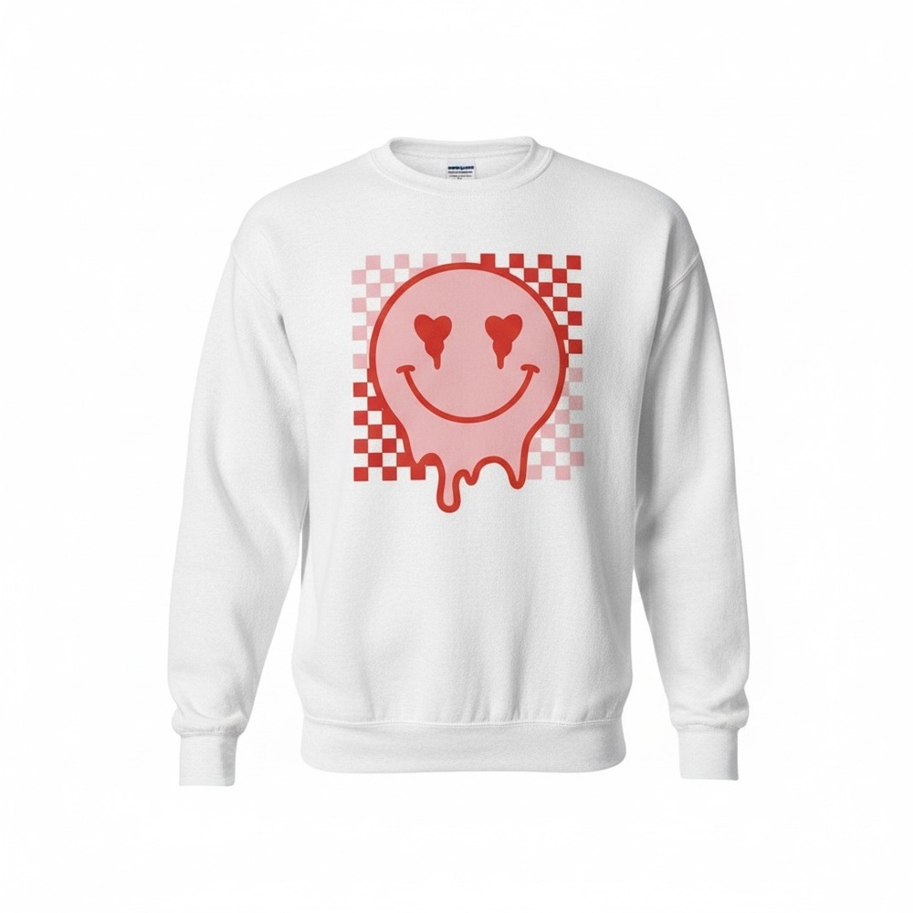 Smiley Face Womens Sweatshirt Valentine Checkered Small White Pink Red Crew Neck